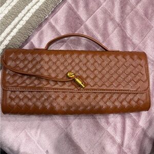H&M Tan Woven Clutch with Gold Accent